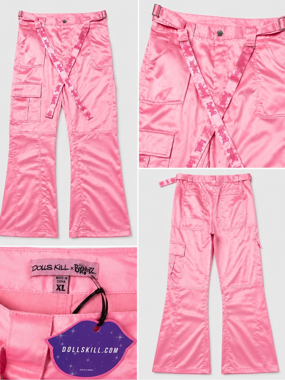 Dolls Kill Bratz Satin Flare Cargo Pants in Bubblegum Pink